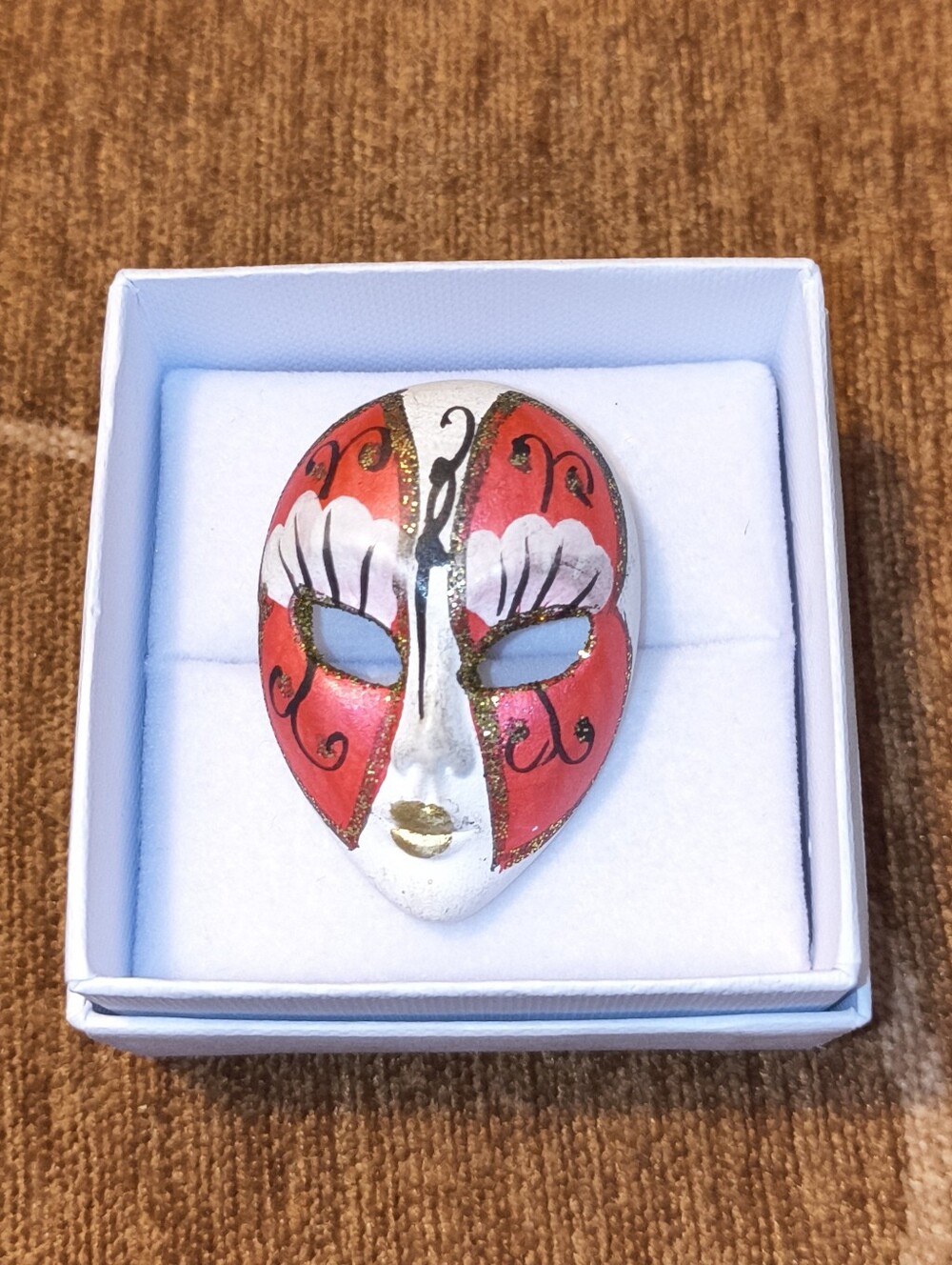 Vtg Lady Face Mask with Red Glitter Ceramic Hand Painted Brooch Made in Italy